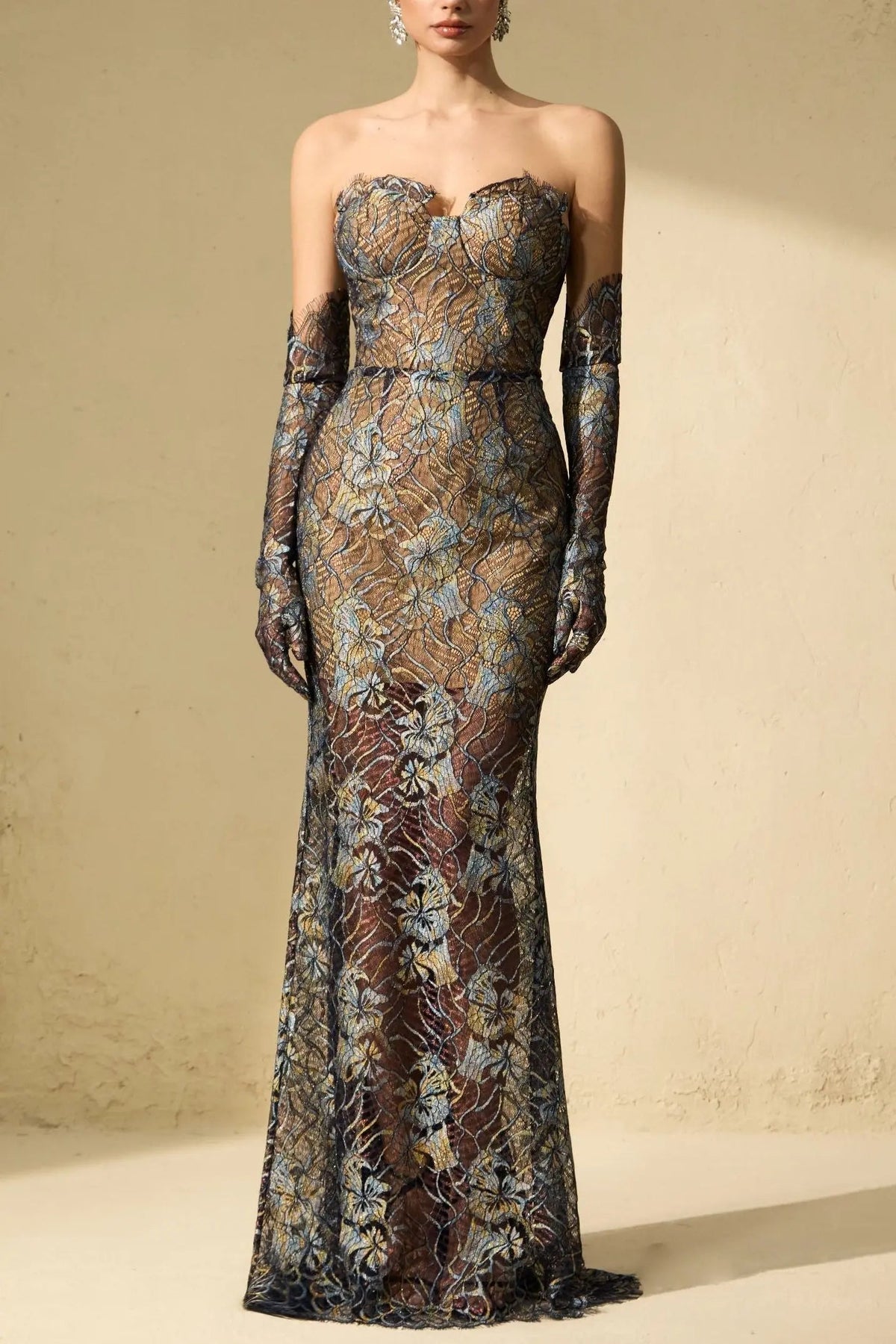 Blue Embroidered Lace Maxi Dress with Gloves
