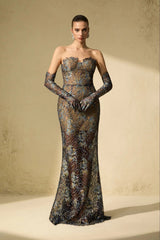 Blue Embroidered Lace Maxi Dress with Gloves