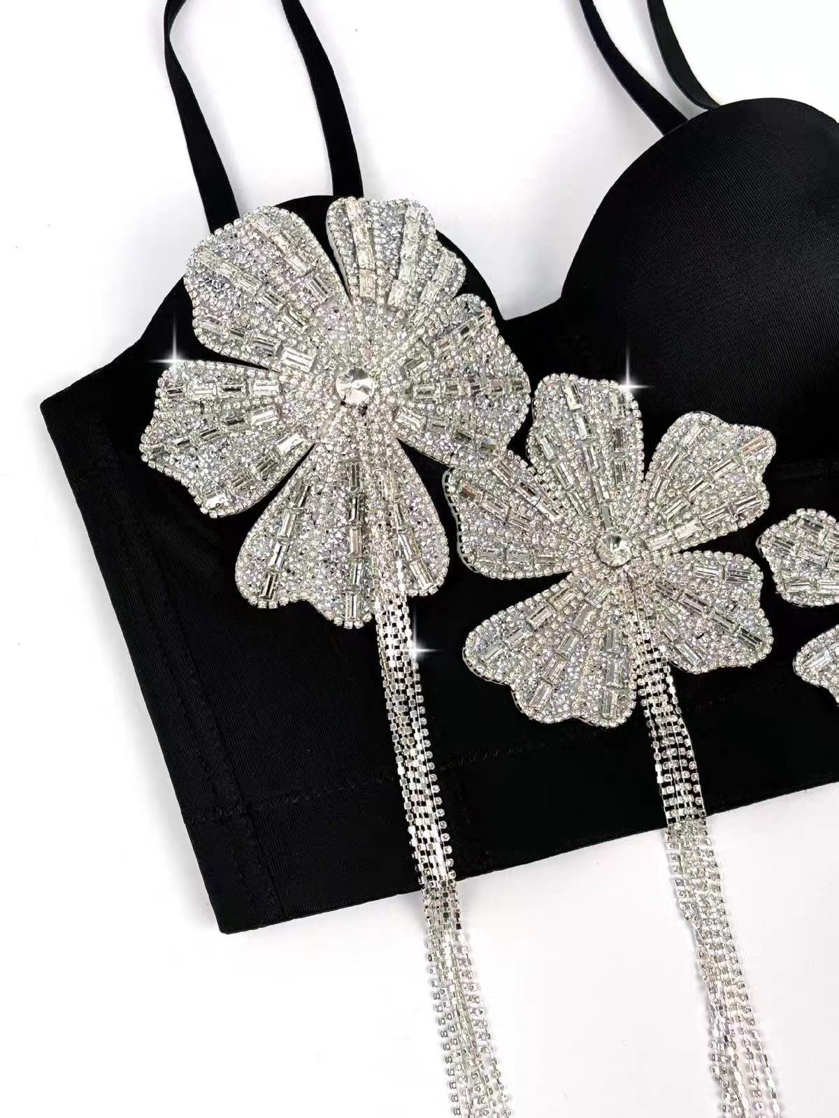 Strap 3D Rhinestone Flower Fringe Corset Bustier Top