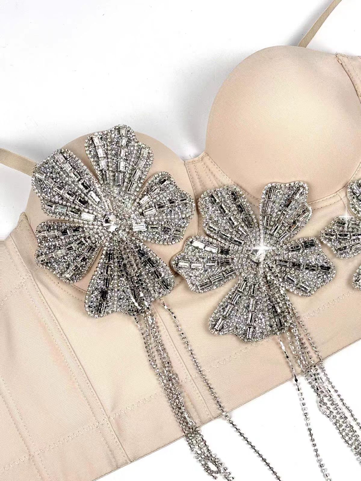 Strap 3D Rhinestone Flower Fringe Corset Bustier Top
