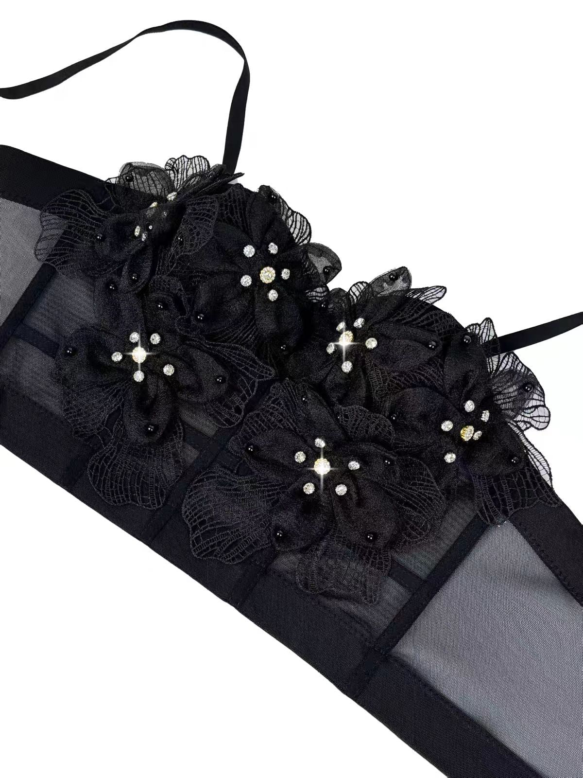 Strap Sheer Mesh 3D Flower Rhinestone Corset Bustier Top