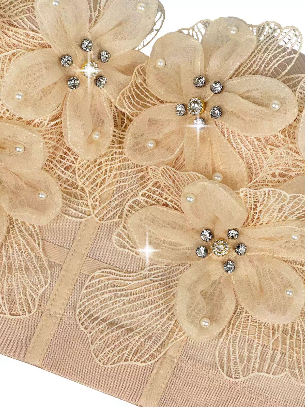 Strap Sheer Mesh 3D Flower Rhinestone Corset Bustier Top