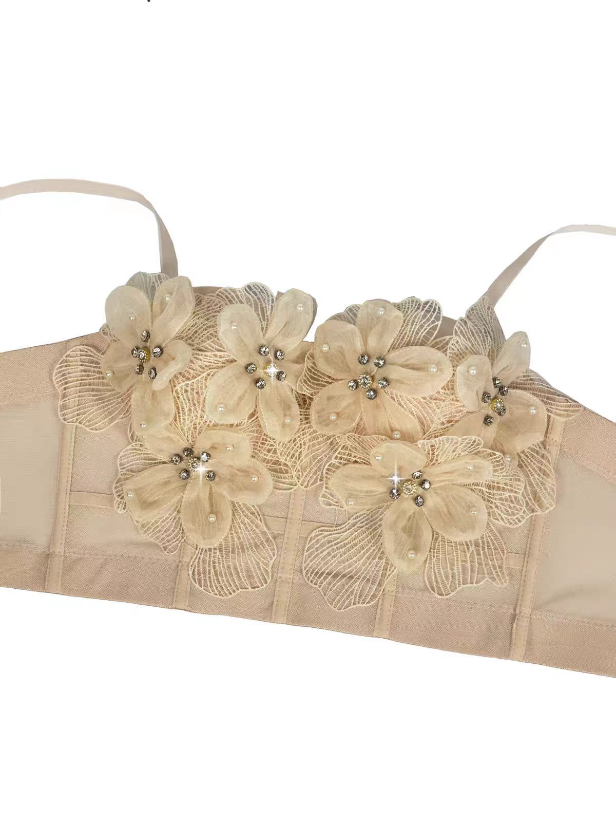 Strap Sheer Mesh 3D Flower Rhinestone Corset Bustier Top
