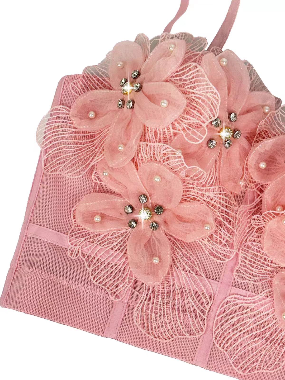Strap Sheer Mesh 3D Flower Rhinestone Corset Bustier Top