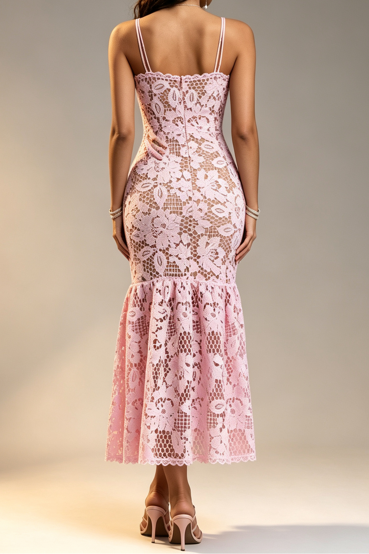 Pink Hollow Floral Lace Thin Strap Scalloped Neck Dress