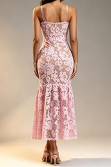 Pink Hollow Floral Lace Thin Strap Scalloped Neck Dress