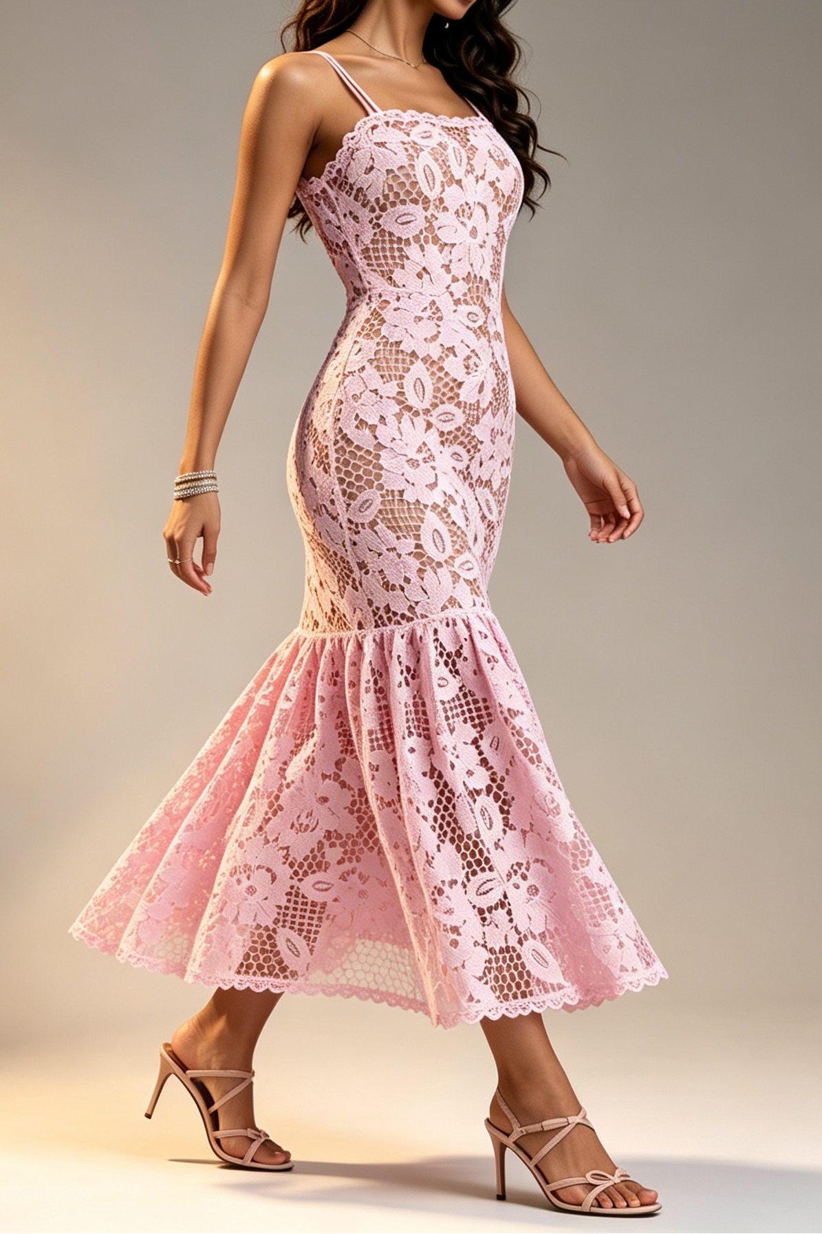 Pink Hollow Floral Lace Thin Strap Scalloped Neck Dress