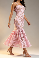 Pink Hollow Floral Lace Thin Strap Scalloped Neck Dress