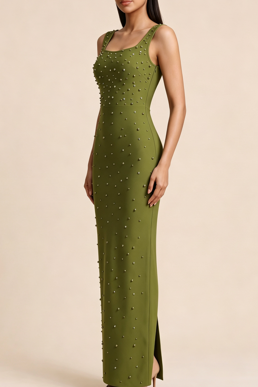 Square Neck Sleeveless Rhinestone Maxi Dress