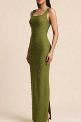 Square Neck Sleeveless Rhinestone Maxi Dress