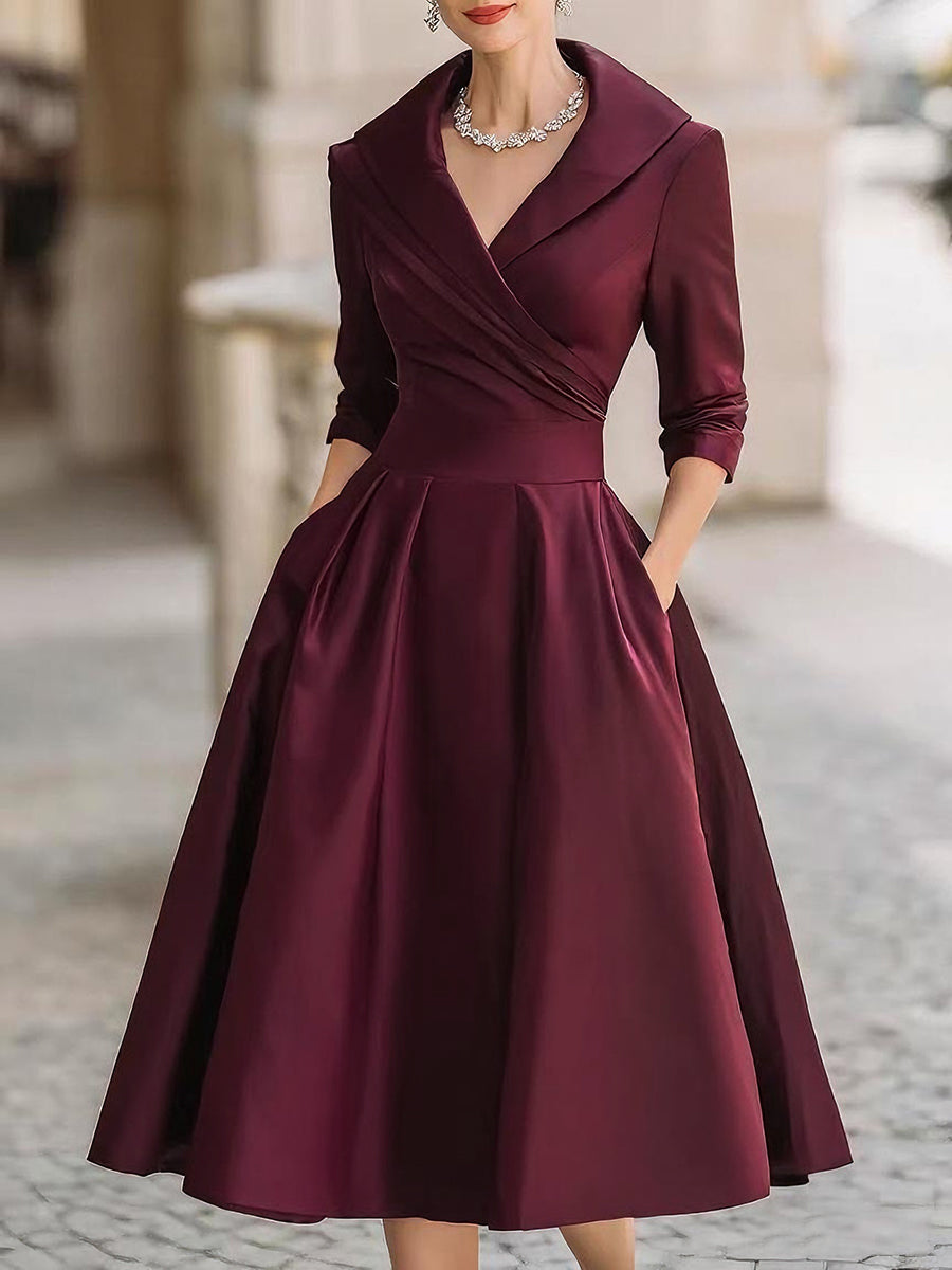 Vintage-Inspired Satin Midi Dress With Collar