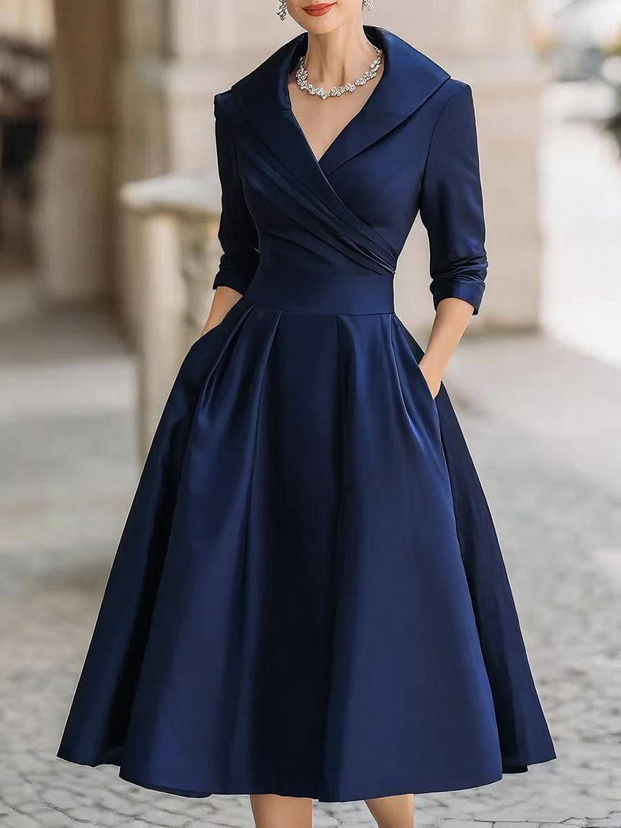 Vintage-Inspired Satin Midi Dress With Collar