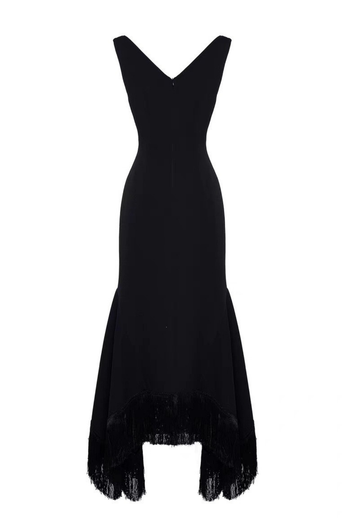 Sleeve V Neck Bodycon Fringe Hem Asymmetrical Black Dress
