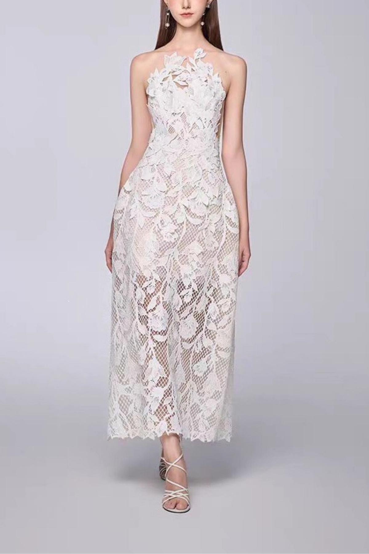 3D Floral Lace Sheer Midi White Dress