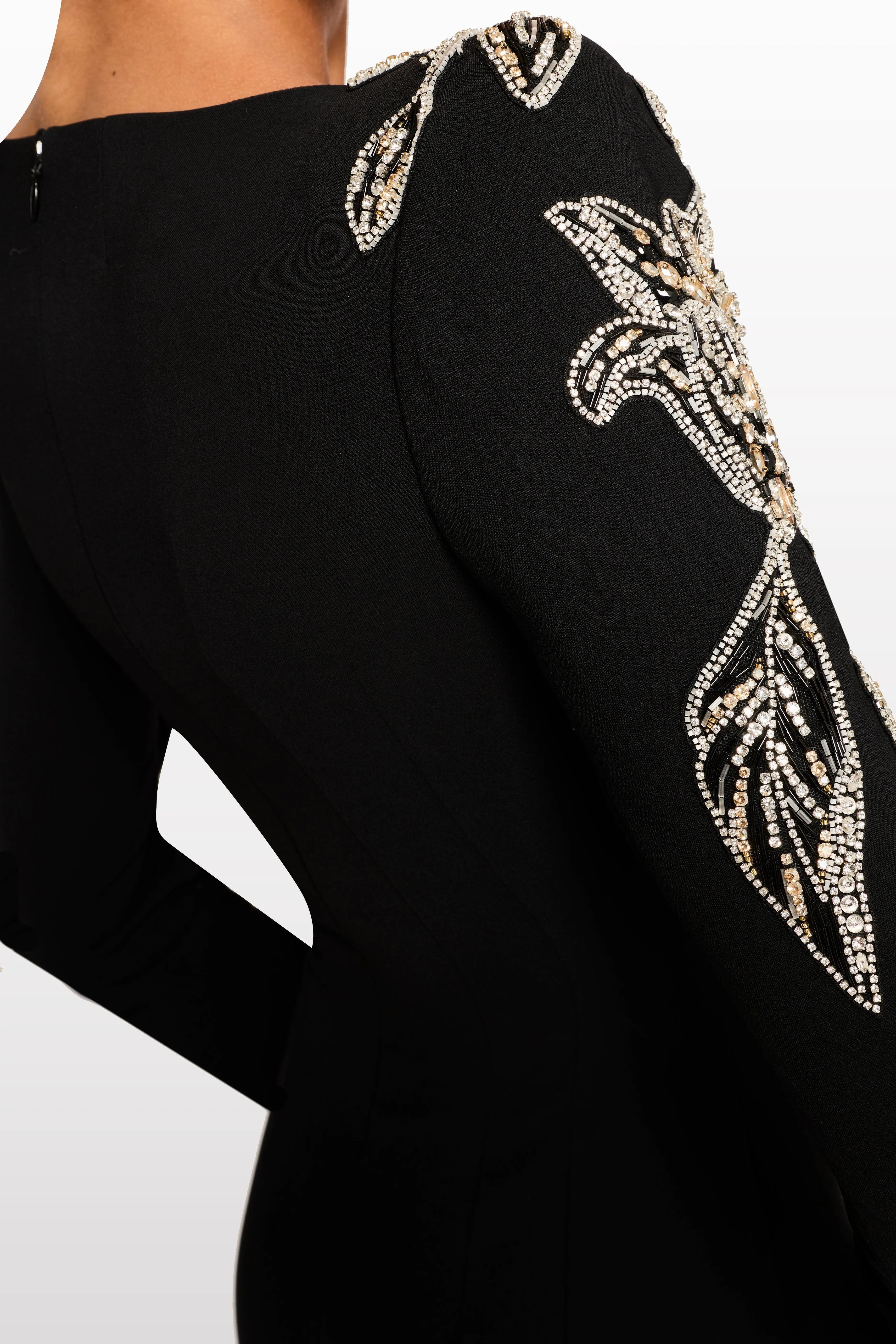 Rhinestone Orchid Floral-Embellished Maxi Dress in black