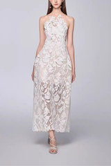 3D Floral Lace Sheer Midi White Dress