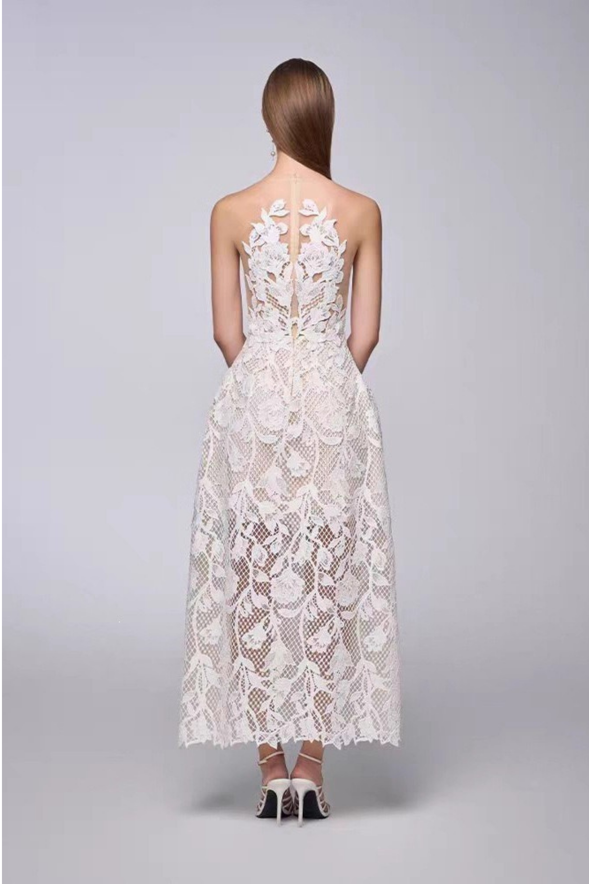 3D Floral Lace Sheer Midi White Dress