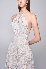 3D Floral Lace Sheer Midi White Dress
