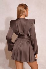 Brown Ruffle Sleeve Tie Waist Layered Dress
