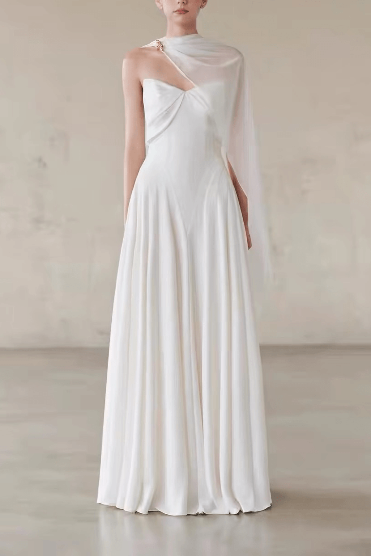 One Shoulder Cape Flowy Formal White Dress
