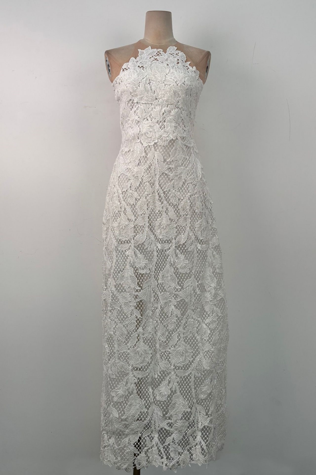 3D Floral Lace Sheer Midi White Dress