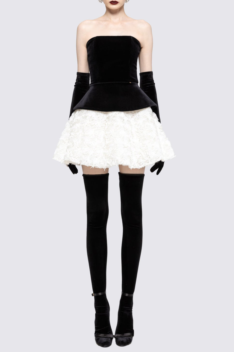 Petal-Layered Top Mini Skirt Suit Without Glove - Black/White