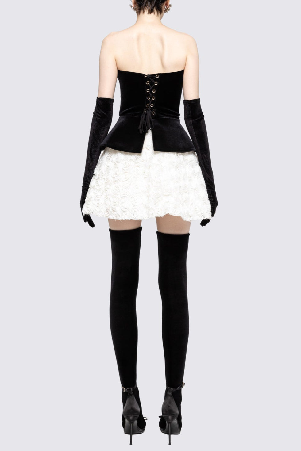 Petal-Layered Top Mini Skirt Suit Without Glove - Black/White