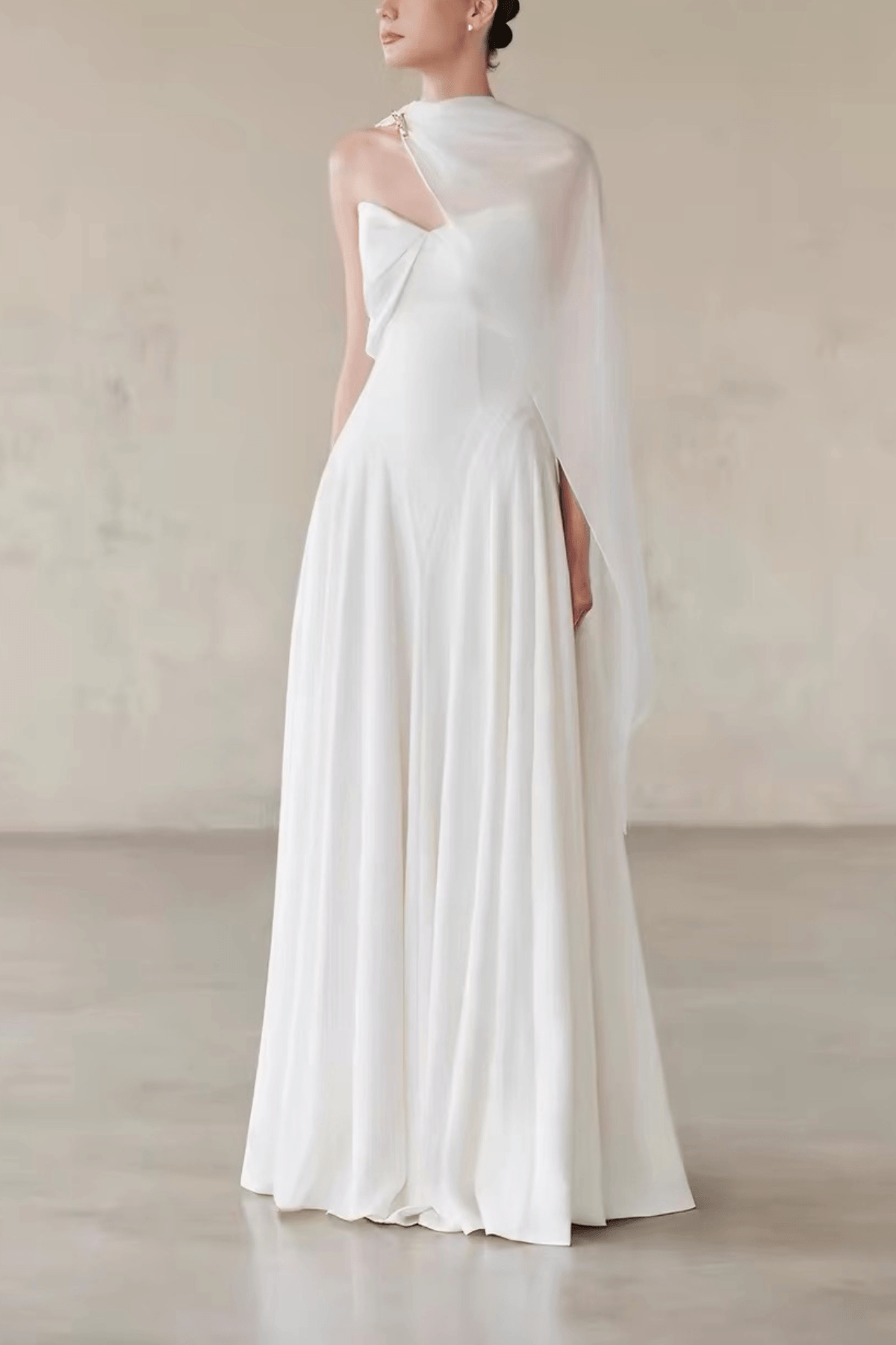 One Shoulder Cape Flowy Formal White Dress