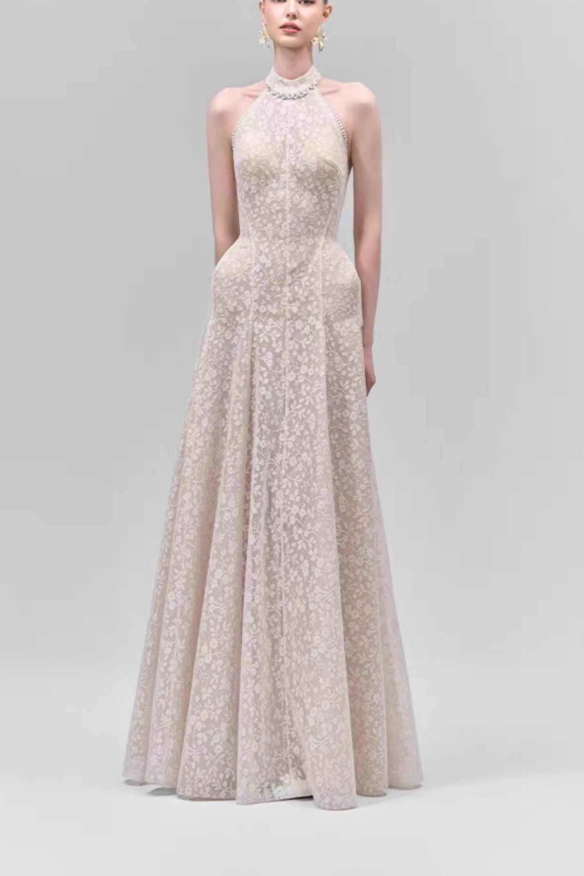 Celeste Halter Neck Floral Lace A-Line Maxi Dress