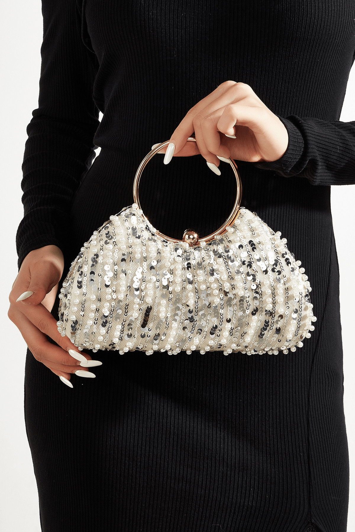 Champagne Sequin Ring Handle Formal Clutch