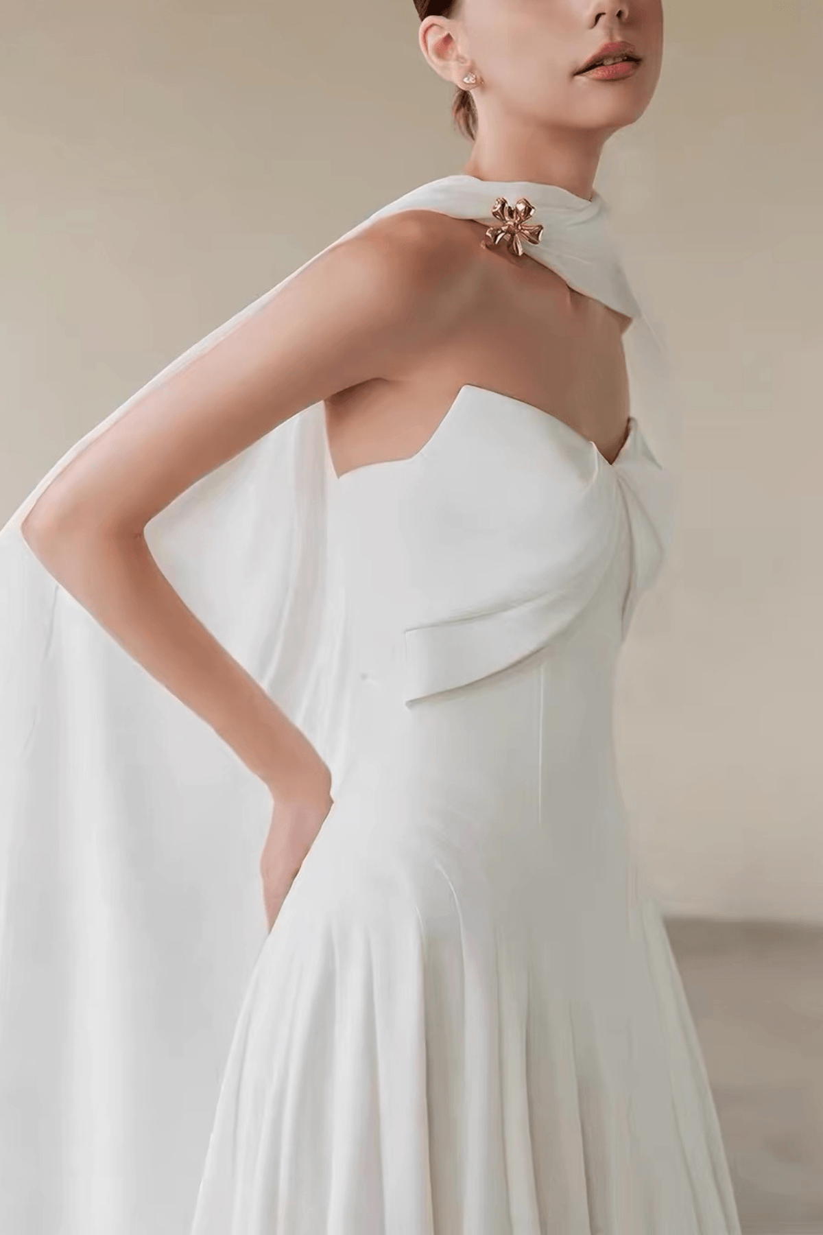 One Shoulder Cape Flowy Formal White Dress