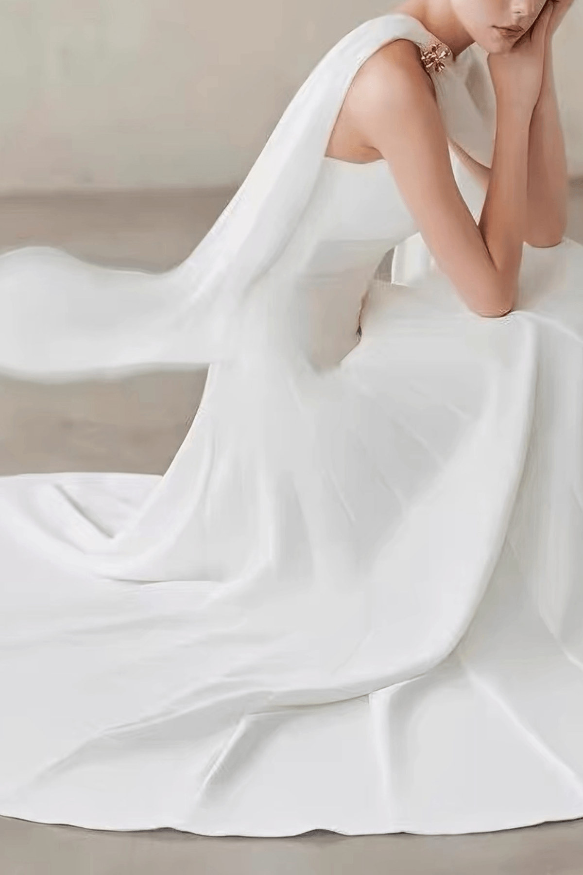 One Shoulder Cape Flowy Formal White Dress
