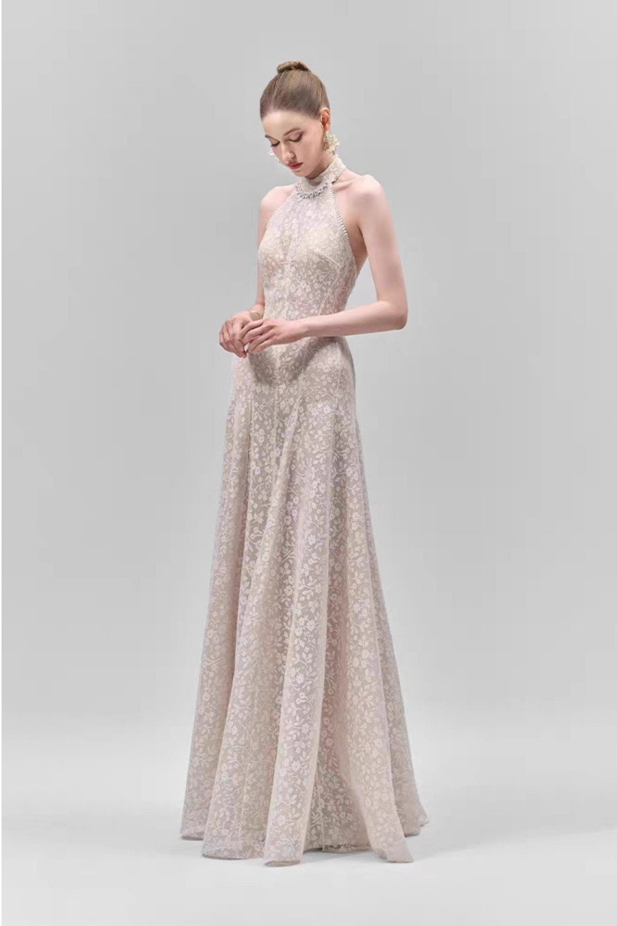 Celeste Halter Neck Floral Lace A-Line Maxi Dress