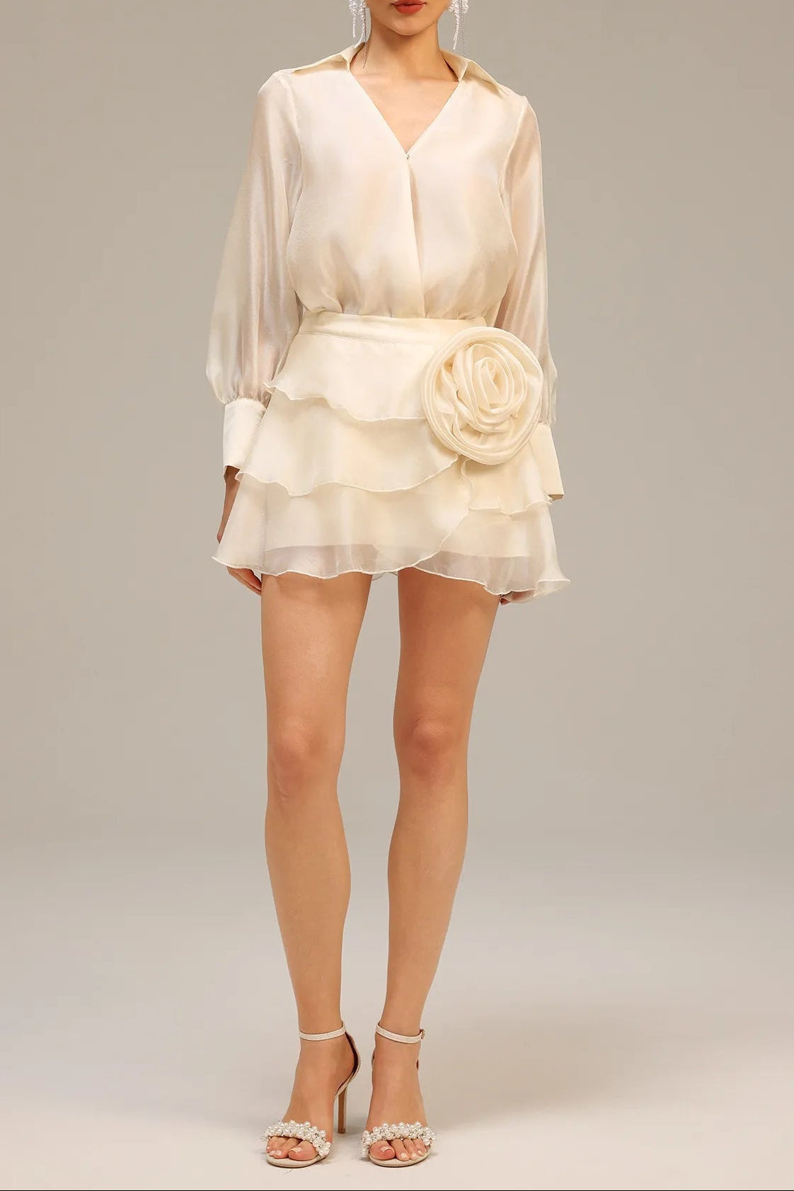 Wrap V-Neck Organza Shirt Mini Dress in Apricot