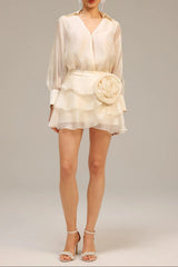 Wrap V-Neck Organza Shirt Mini Dress in Apricot