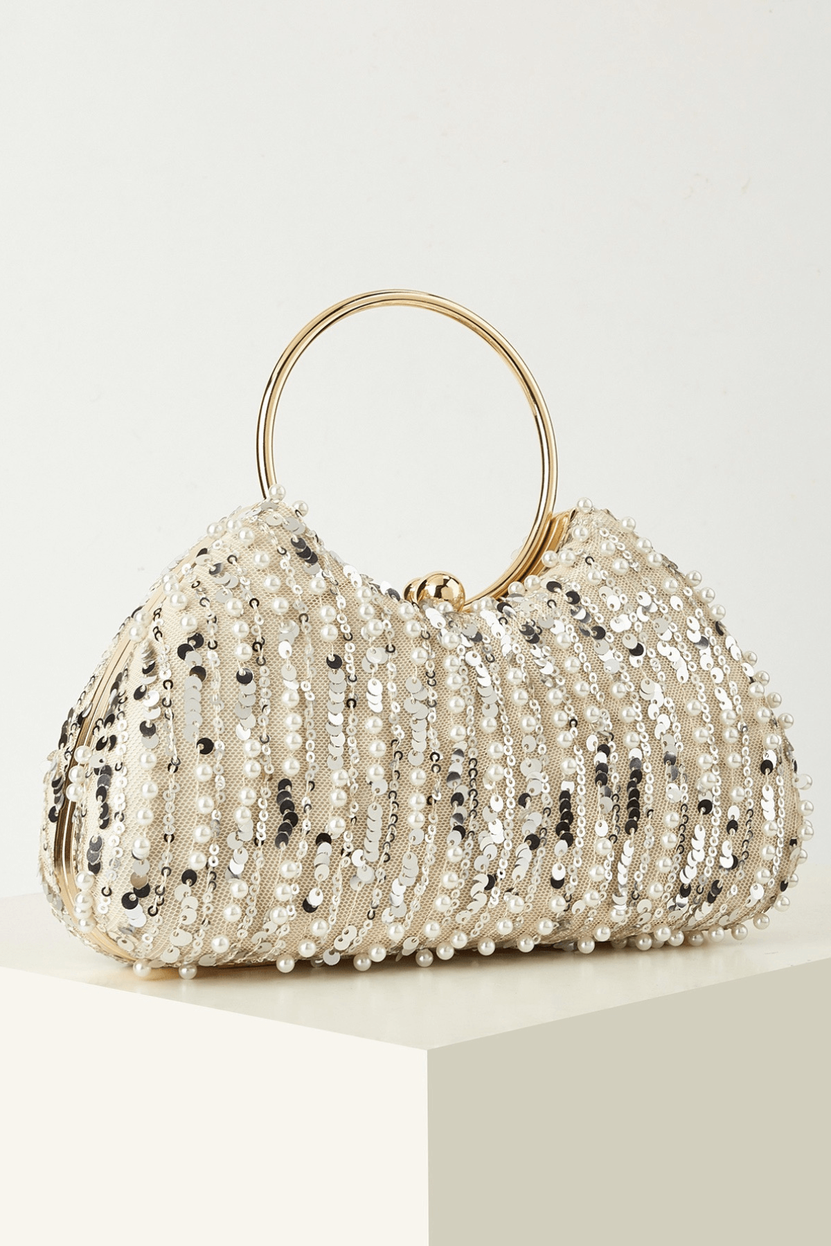 Champagne Sequin Ring Handle Formal Clutch