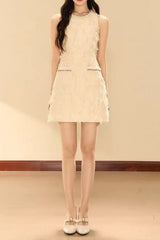 Feathery Sleeveless A-line Mini Dress in Beige