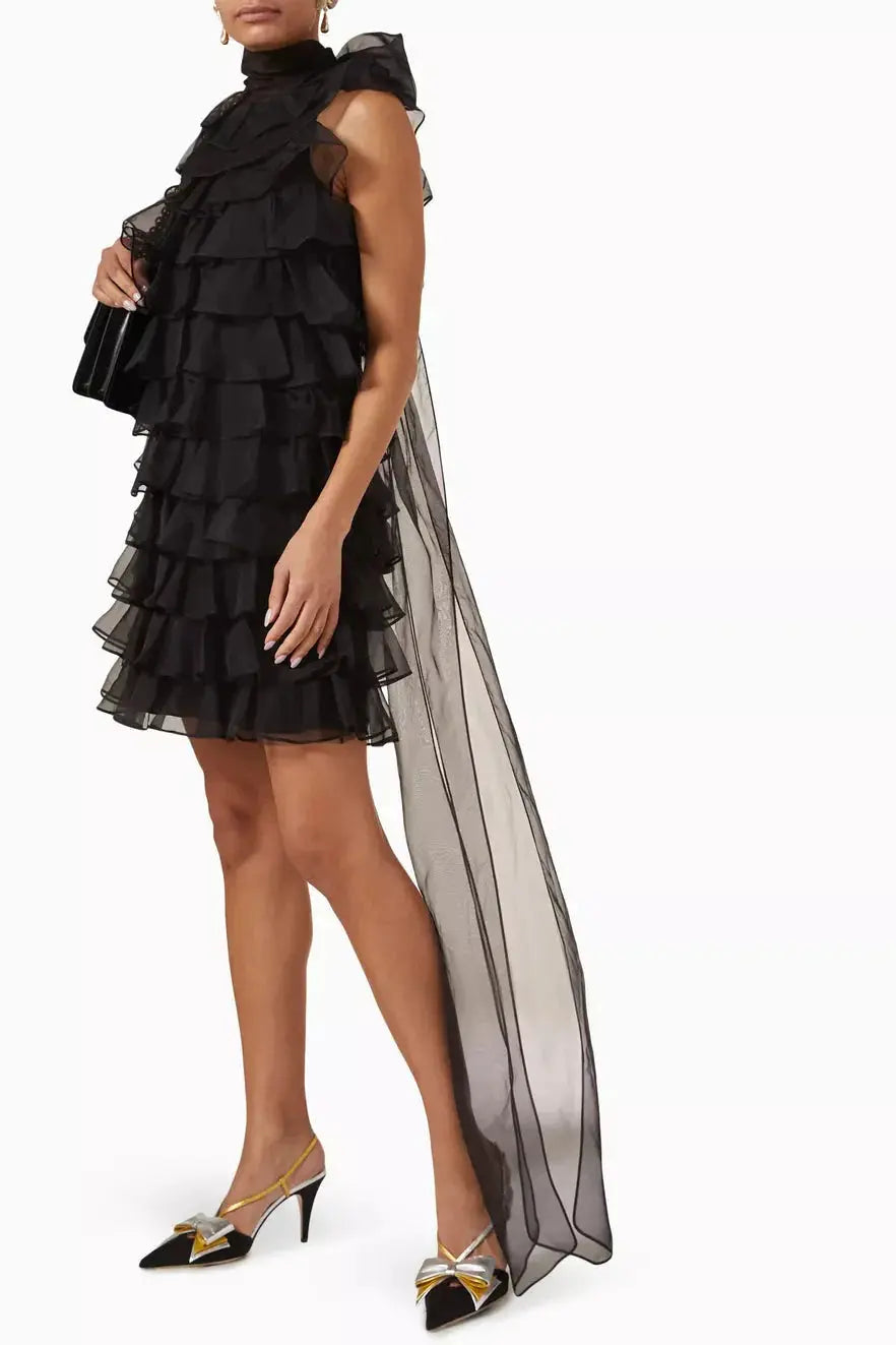 Ruffle Silk Organza Sleeveless Mini Dress in Black