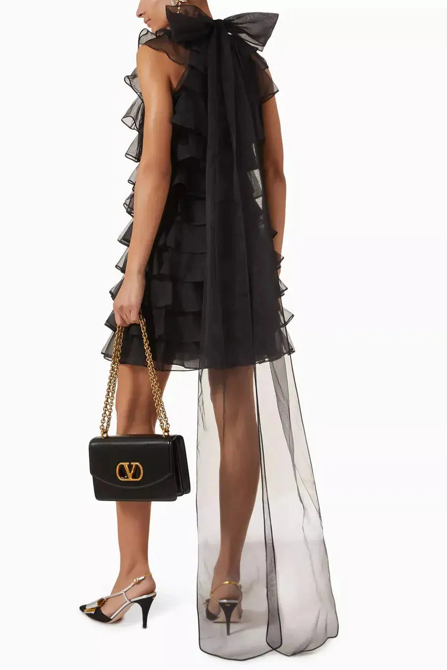 Ruffle Silk Organza Sleeveless Mini Dress in Black