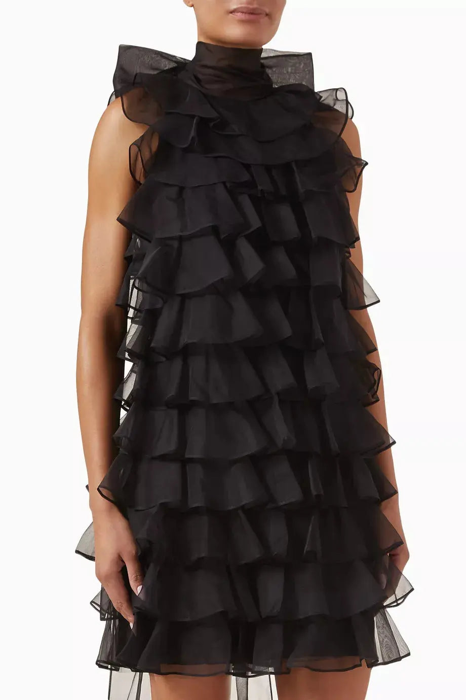 Ruffle Silk Organza Sleeveless Mini Dress in Black