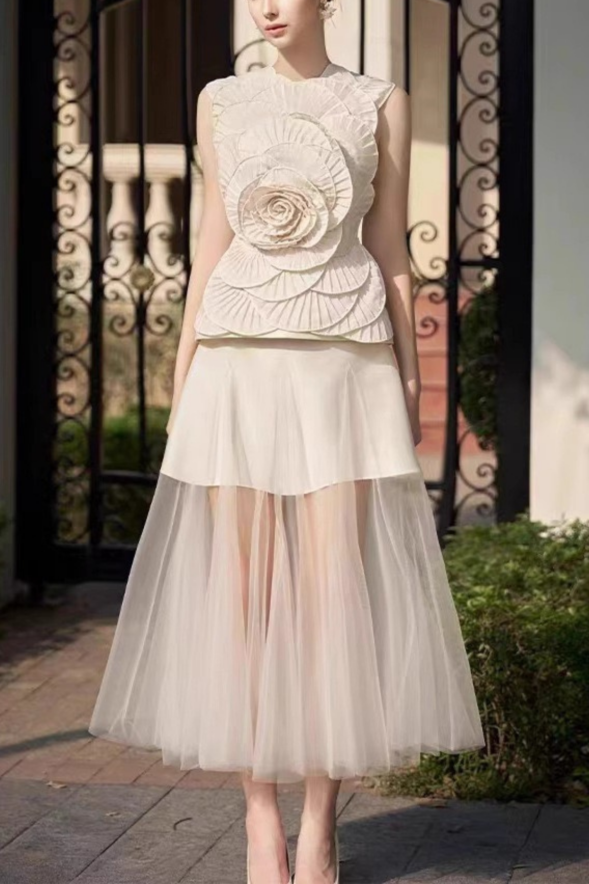 3D Rose Sleeveless Peplum Top Two Midi Skirt Matching Set