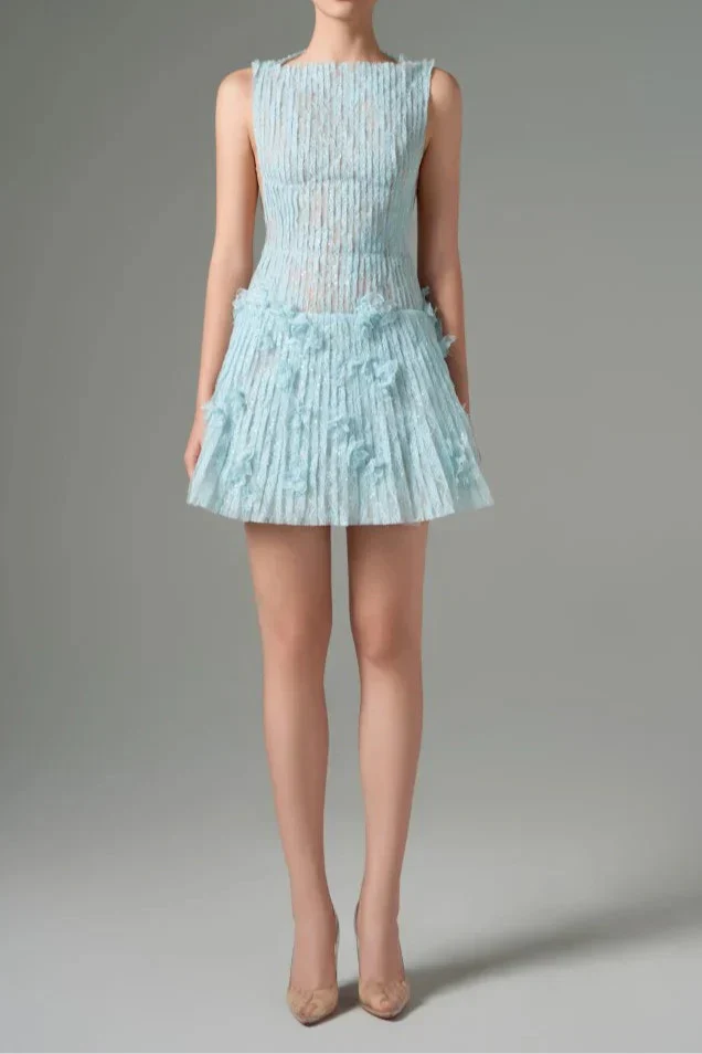 Sleeveless Lace Fabric Mini Dress in Aqua
