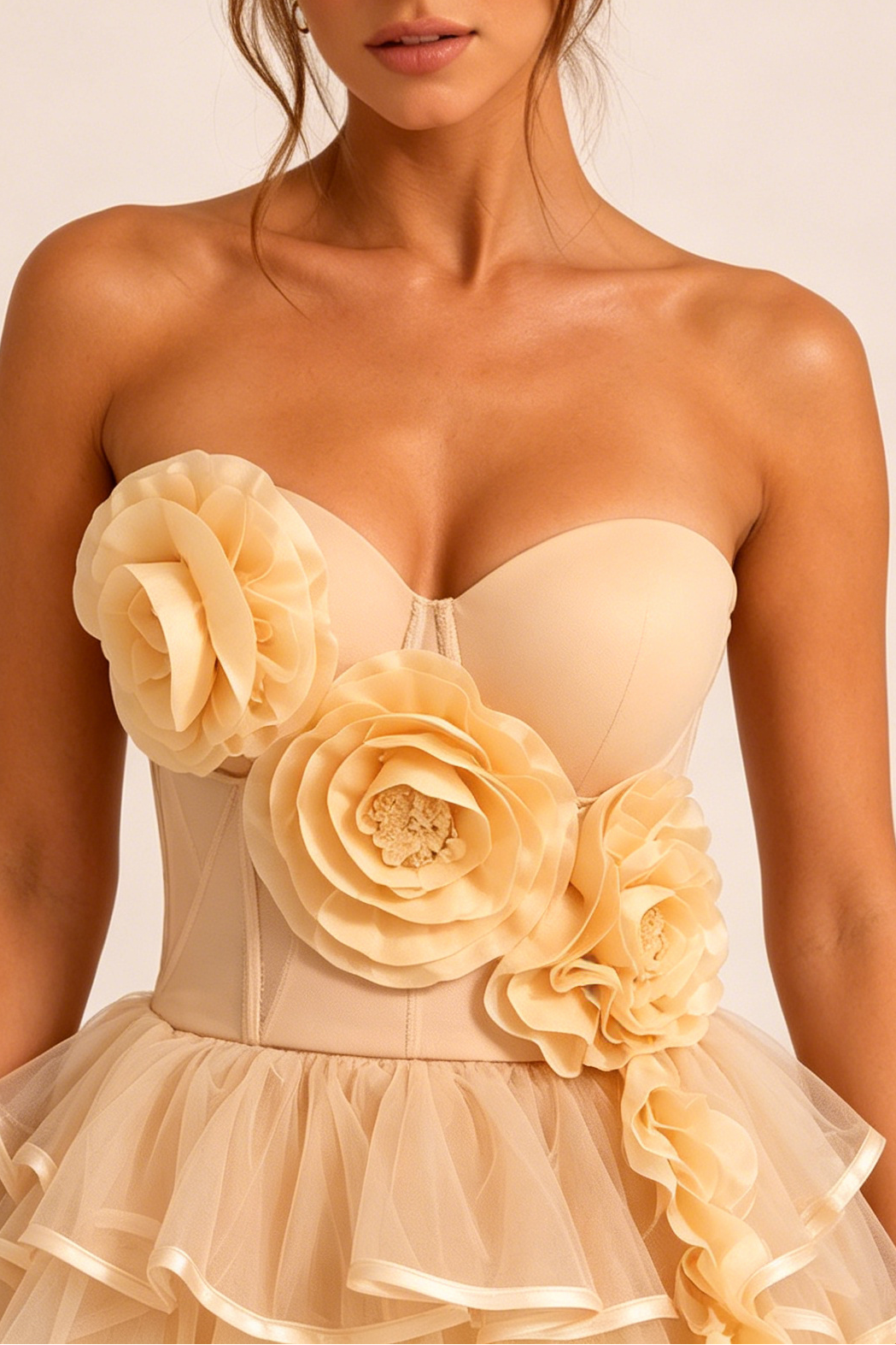 Champagne 3D Floral Corset Top & High Low Ruffle Skirt Set