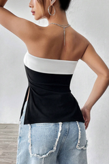 Black White Color Block Slim Fit Asymmetrical Hem Top