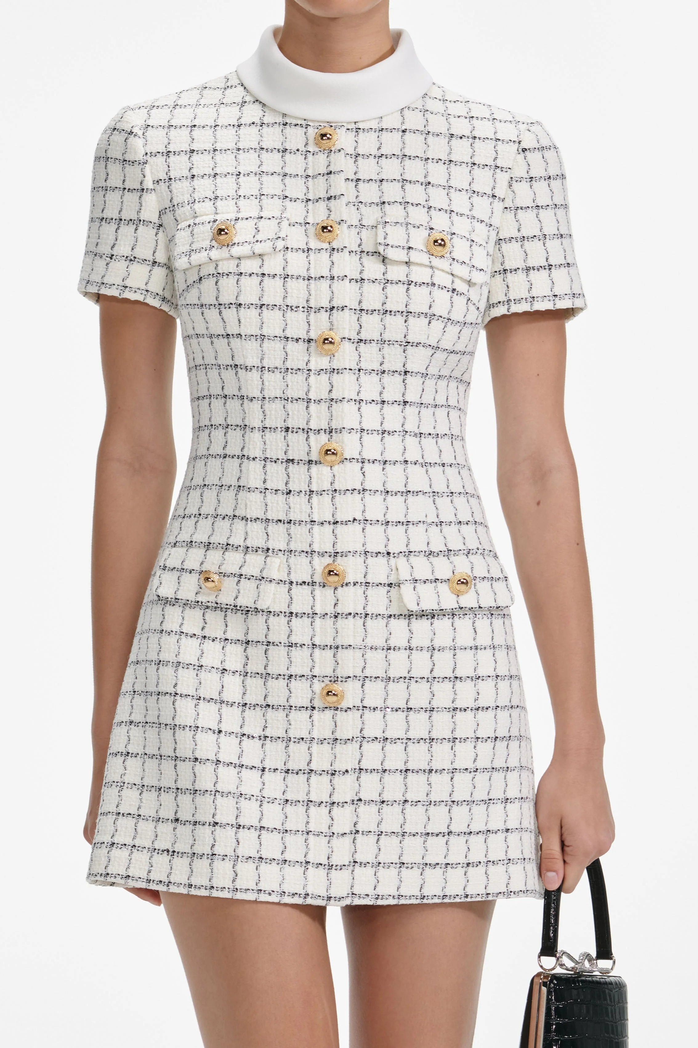 Buttons Check Mini Dress in White