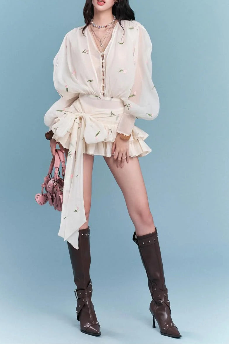 Embroidered Floral V-neck Ruffle Mini Dress in Apricot
