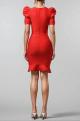 Red Short Sleeve Rhinestone Bandage Mini Dress