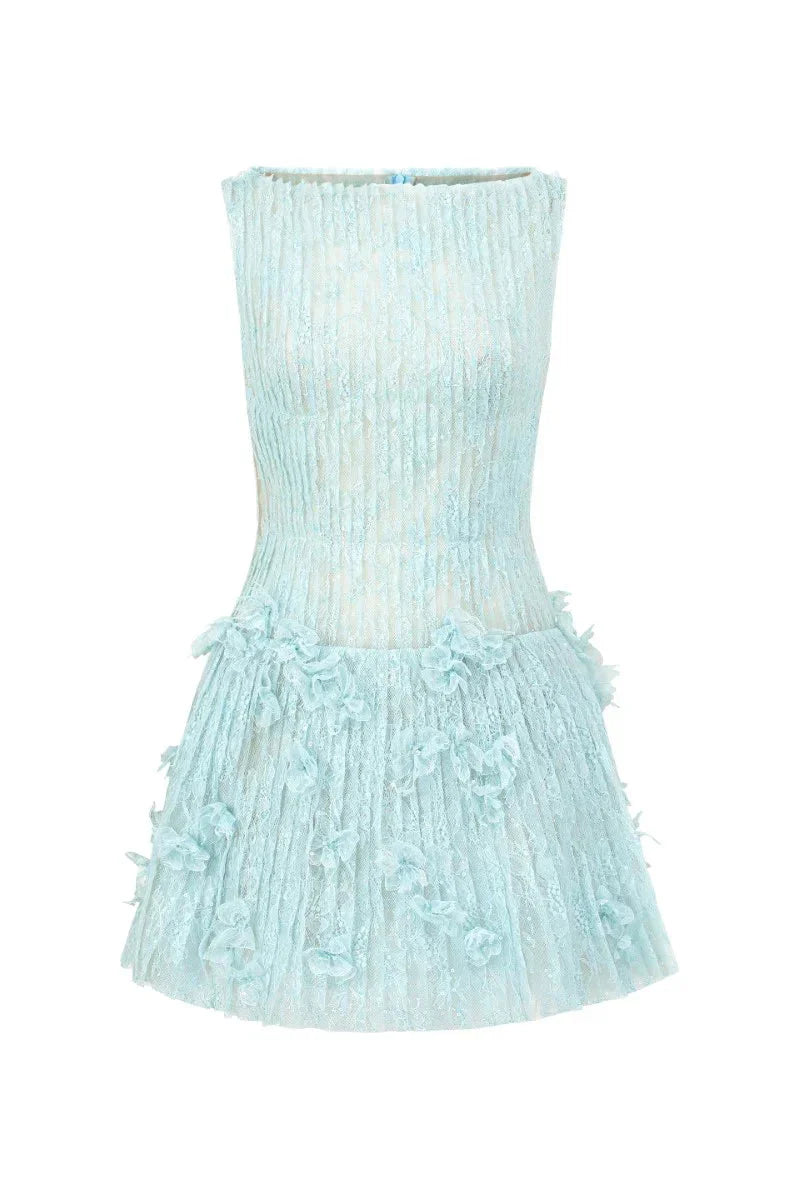 Sleeveless Lace Fabric Mini Dress in Aqua