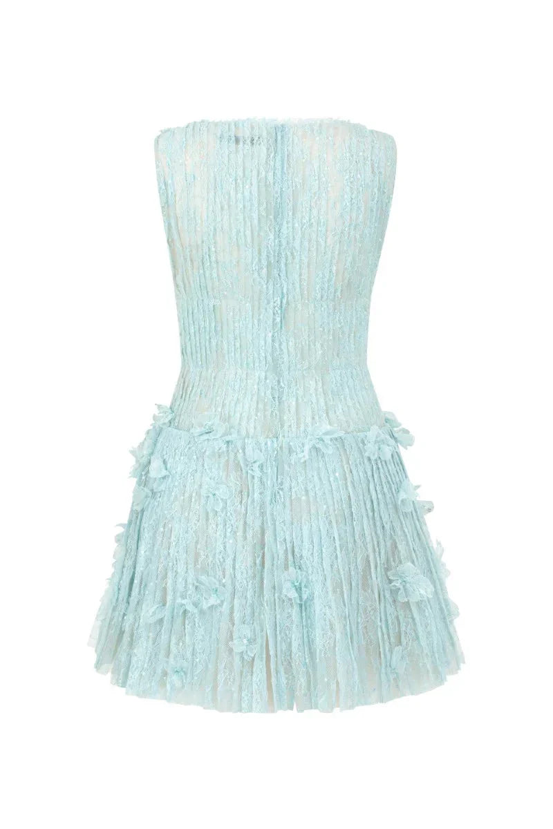 Sleeveless Lace Fabric Mini Dress in Aqua