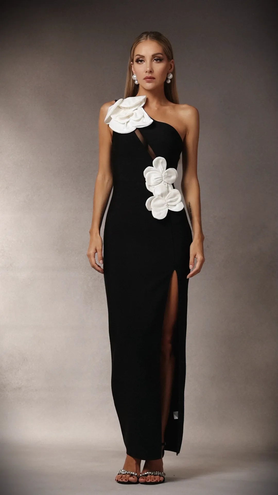 Black Sequin Flowers One Shoulder Bandage Maxi Dress